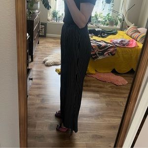 Navy wide leg dress pants with white pin stripes